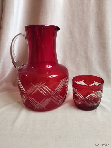 Кувшин Ромбы (объём 2л) и стакан (250 мл), рубиновое стекло. СССР