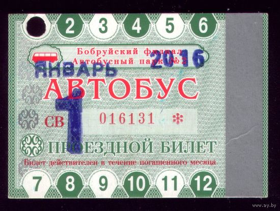 Проездной билет Бобруйск Автобус Январь 2016