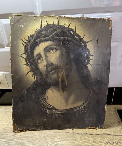 Старинная литография Иисус Христос в терновом венце