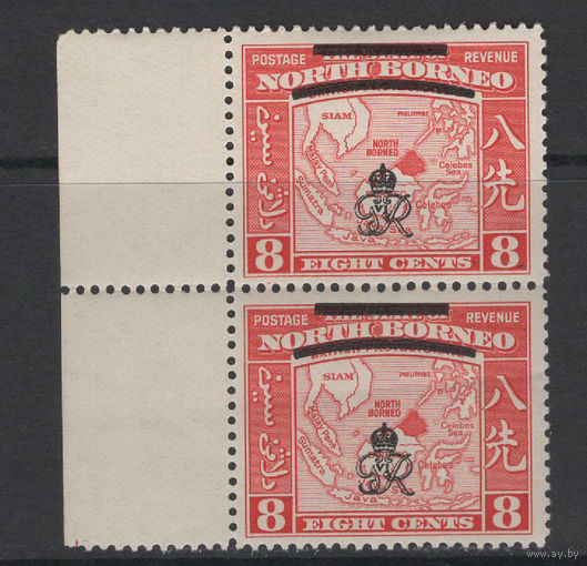 Северное Борнео 1947 ** Карта, надпечатка "Королевский Вензель", сцепка 2 марки с левым полем