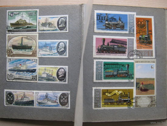 Марки в альбоме, флот, техника, поезда и другие, 90 шт.