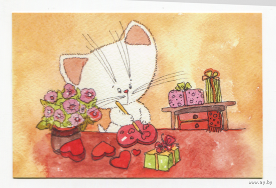 Открытка. Коты. Котики. Котята. Семья. Фауна, животные. С днем любви! С годовщиной свадьбы, 14 февраля. Художник Анастасия Еременко (чистая)