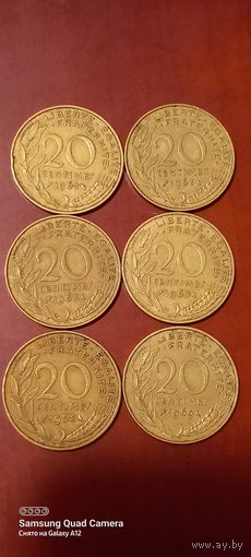 Франция, 20 сантимов 1962-1964, 1967-1978, 1981-1985, 1987-1989, 1991, 1995, 1997.