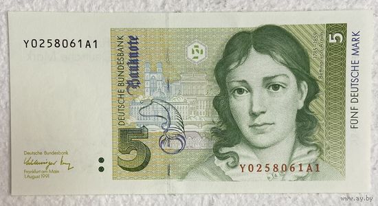 Банкнота 5 марок. Беттина фон Арним. 1991 год. НЕ БЫЛА В ОБОРОТЕ