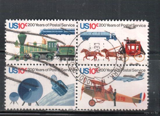 США-1975, (Мих.1182-1185) , гаш. , Почта, Космос, Лошади, Поезд, Самолет(полная серия)(5)