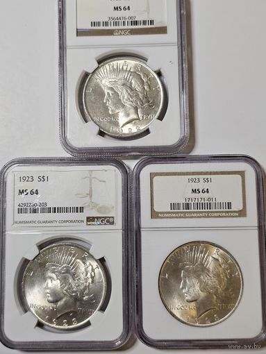 Три ЯРЧАЙШИХ МИРНЫХ ДОЛЛАРА.  MS-64.  ВЕЛИКОЛЕПНЫЕ!