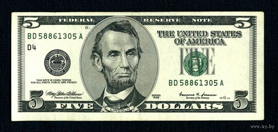 Распродажа коллекции от 1 рубля!!! МЦ.5 долларов США 1999г.Серия BD 58861305 A.