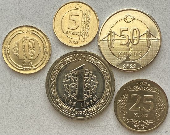 Турция 5, 10, 25, 50 куруш, 1 лира 2023 г. Новый тип. Набор 5 монет