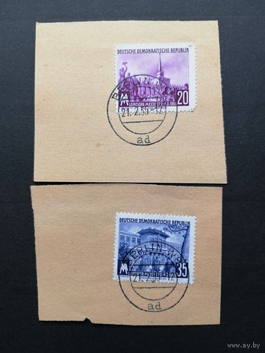 ГДР 1955 Две вырезки с марками серии "Торговая ярмарка в Лейпциге" (гашение) Mi.447-448 каталог 2.40 евро
