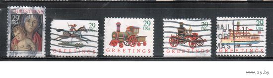 США-1992, (Мих.2328-2332), гаш., Рождество, Живопись, Игрушки (полная серия)