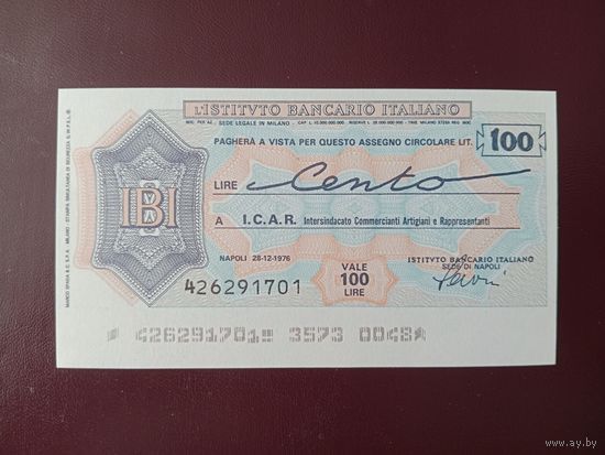 Италия Банковский чек 100 лир 1976 UNC