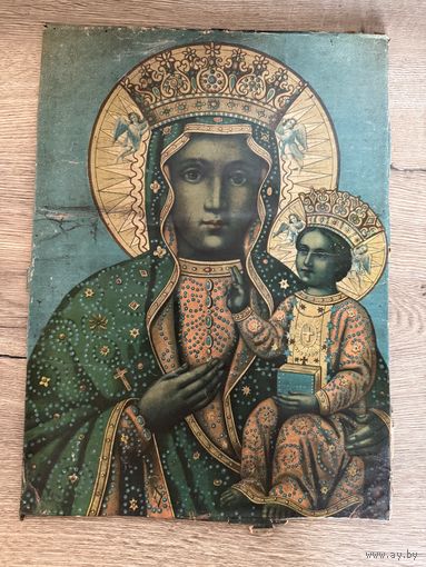 Старинная литография Ченстоховская икона Божией Матери