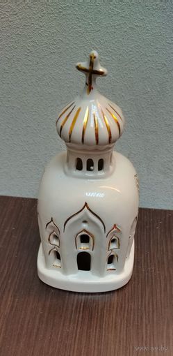 Винтажный фарфоровый православный храм ( лампадка ) ручная роспись золотом .