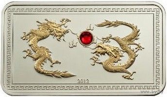 RARE Палау 5 долларов 2012г. "Год Дракона. SWAROVSKI. Gold plated". Монета в капсуле; подарочном буклкте; сертификат; коробка. СЕРЕБРО 25гр.