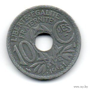 ФРАНЦУЗСКОЕ ГОСУДАРСТВО. 10 САНТИМОВ 1941. Вариант (нет в каталогах!): подчеркивание под MES, одна точка перед 1941