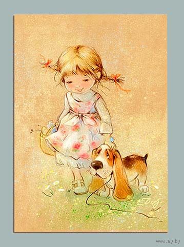 Открытка. Собачка. Дети. Девочка. Художник Ек. Бабок (чистая)