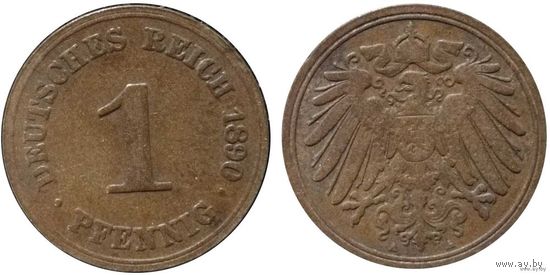 YS: Германия, Рейх, 1 пфенниг 1890A, KM# 10  (2)