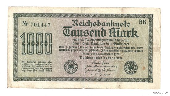Германия 1000 марок 1922 г. Веймарская республика