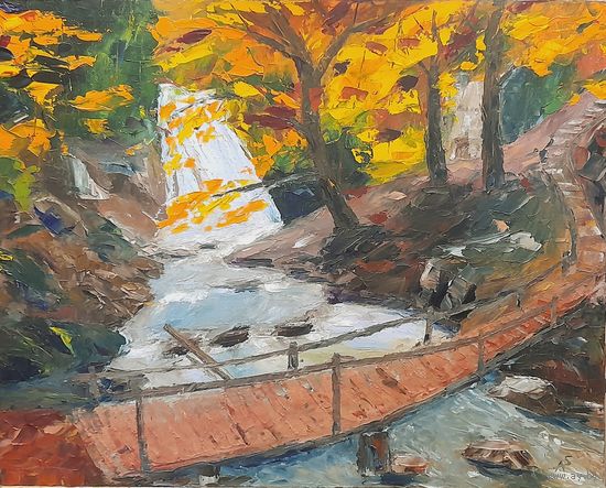 Картина маслом "Крым. Водопад  Джур-Джур". Мастихин, холст на оргалите 50х40 см