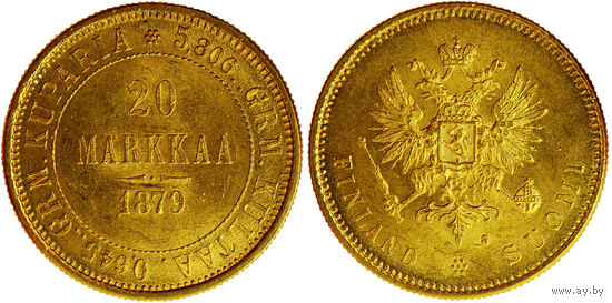 Для Финляндии. 20 марок 1879 г. S. Золото. UNC. Биткин# 612.