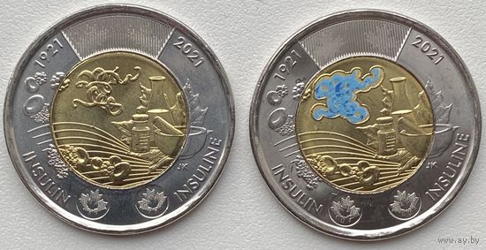 Канада 2 доллара 2021 г. 100 лет открытию инсулина. Цветная + простая. Цена за пару