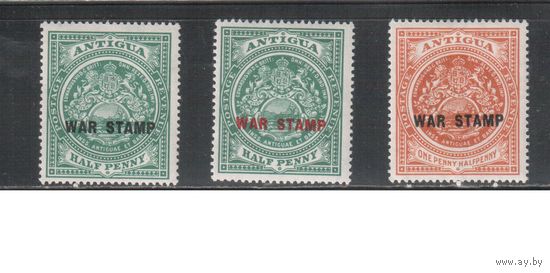 Антигуа-1916,(Мих.35-37)  * , Британские колонии, Стандарт,Надп., Военный налог, Герб(полная серия)