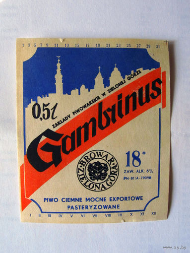 06-792 Этикетка Пиво Gambrinus Польша Зелена Гура 1980-е
