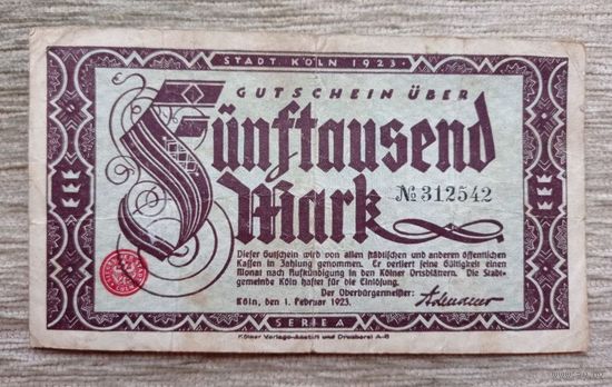 Werty71 Германия 5000 марок 1923 банкнота Гроссгельд Кёльн