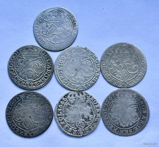 Монеты СЕРЕБРО Польша 6 грошей 1660-1667 год (7 шт) ЯН КАЗИМИР ОТЛИЧНЫЕ