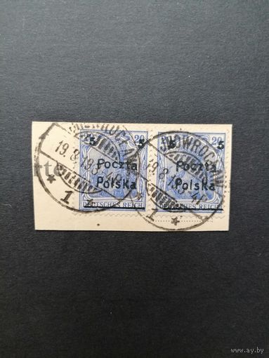 Польша 1919 Две марки на вырезке с надпечаткой "Poczta Polska" дирекции в Познани на марках Германии Mi.90 (гашение WROCLAW) Mi.132 каталог 1.50 евро