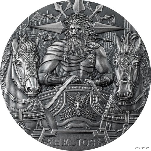RARE Острова Кука 20 долларов 2022г. "Гелиос: Бог Солнца". Монета в капсуле, подарочном футляре; номерной сертификат; коробка. СЕРЕБРО 93,30гр.(3 oz).