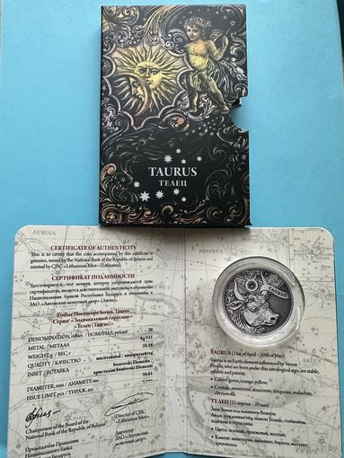 Сертификат Блистер к монете Телец. Зодиакальный гороскоп. Знаки Зодиака