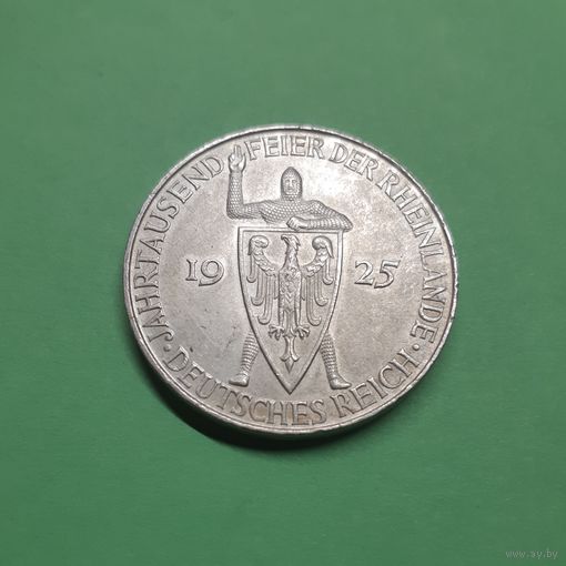 Германия. 5 рейхсмарок. 1925 год. Веймар. Тысячелетие Рейнланда. Редкая! Серебро
