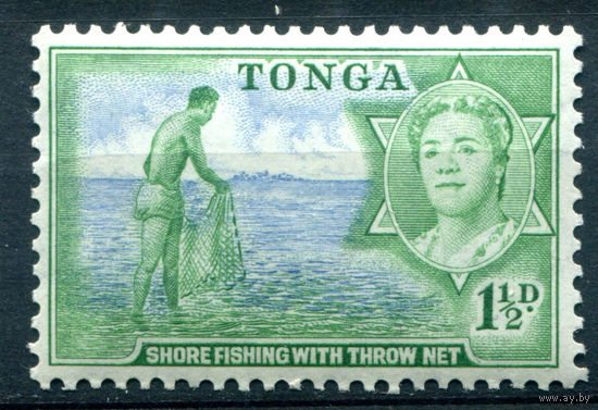 Британский протекторат - Королевство Тонга - 1953г. - ландшафты, рыбак, королева Салоте Тупоу III, 1 1/2 P - 1 марка - MLH [Mi 101]. #4-B5-106-A-1