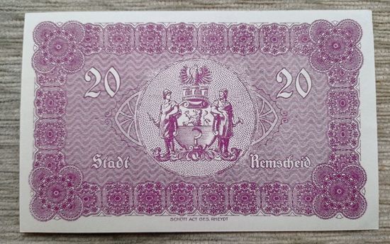 Werty71 Германия 20 марок 1918 aUNC банкнота РЕМШАЙД