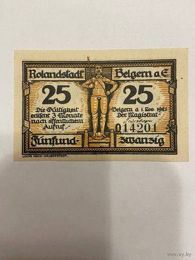 Нотгельд 25 пфеннигов 1921 год. Бельгерн. Веймарская республика - 2201