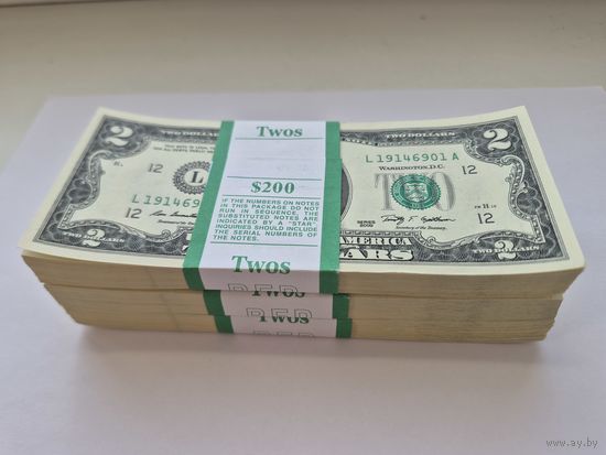 Корешок (100 штук) по 2 доллара США 2009 года (пачка пресс, по номерам) на сумму 200 USD. Бонусом 9 бандеролек. Корешок с номера L19143701A до номера L19143800A продан.