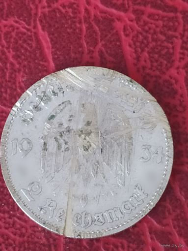 2 марки Германия, кирха с надписью 1934 г.