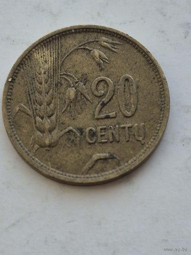 20 центов 1925 года. Литва - Первая Республика (1925 - 1938). Монета не чищена. 45251
