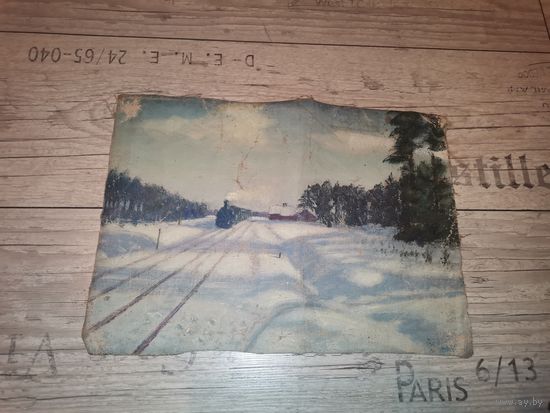 Старинный холст "Зимний пейзаж с паровозом", размер 35*25 см.