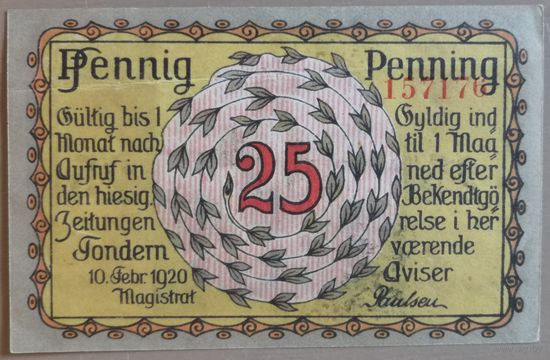 Германия/ Дания/ 25 пфеннигов 1920 г Тондерн (Tondern) 1329.1b, Рамка РВ с ".. Tоnder