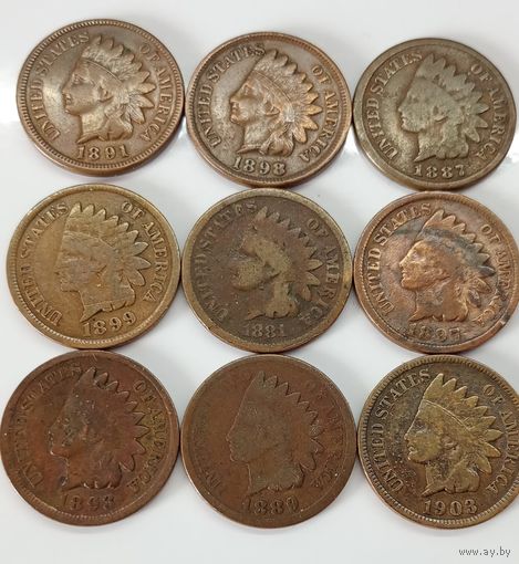 Лот центов США (9 штук); 1881, 1887, 1889, 1891, 1893, 1897,1898, 1899, 1903