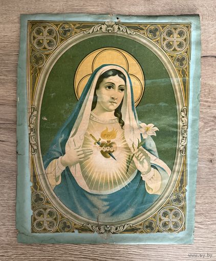 Старинная литография Непорочное сердце Марии