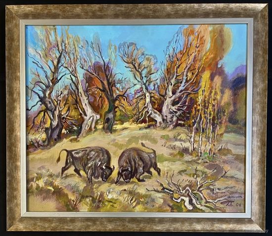 Поплавский Г.Г. Каталожная работа "Осенняя пора.Схватка великанов", 2004г. Холст, акрил. Размер 55х65 см.