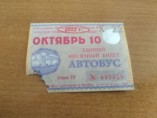 Проездной единый месячный билет. Автобус. Беларусь, Лида, октябрь месяц 2022 года. Разновидность I.