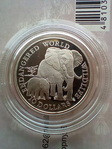 10 долларов 1990 год. Вымирающие виды - Слоны. Острова Кука. Серебро 925 Пруф