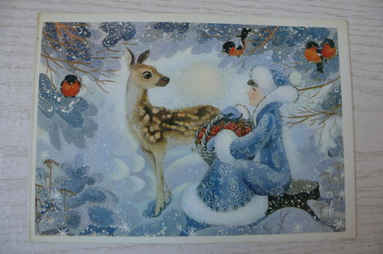 Похитонова Л., С Новым годом! 1988, двойная, чистая (Снегурочка, снегири).