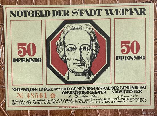 Нотгельд 50 пфеннигов 1921 год. Веймар,. Веймарская республика