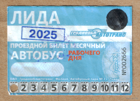 Проездной рабочего дня автобус Лида январь 2025