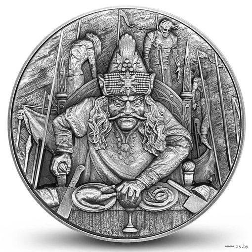 RARE Ниуэ 5 долларов 2020г. "Влад III Цепеш Дракула". Монета в капсуле; подарочном футляре; номерной сертификат; коробка. СЕРЕБРО 62,20гр. Медь 357,70гр.(2 oz/11,5 oz).